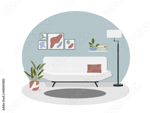 Living room interior on isolated white background. Cozy and comfortable design of the living room with furniture. Sofa, large window, floor lamp, flower. Vector stock illustration.