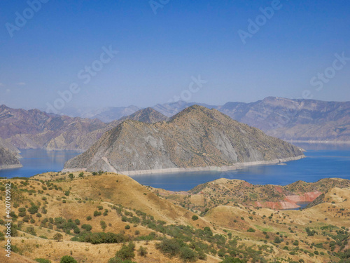 Colorful landscape view of Nurek dam lake second highest in world between Dushanbe and Khatlon, Tajikistan