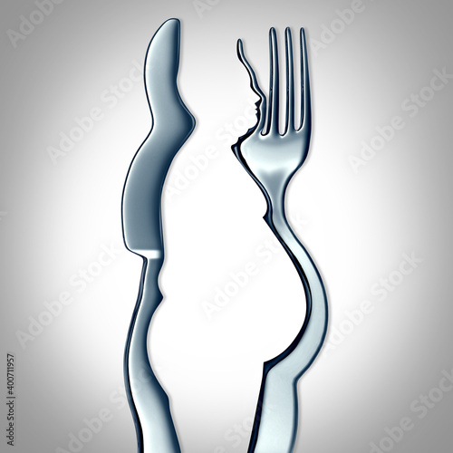 Eating too much and weight gain or obesity concept as a fork and knife shaped as an obese person with a food disorder or overeating fat unhealthy man