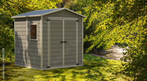 Gardening tools storage shed in the house backyard on green trees background. 3d illustration