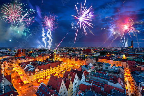 New Years firework display over the Wrocław old town. Poland