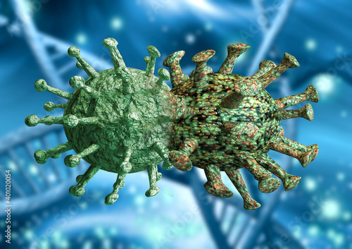 Coronavirus mutation. Process of genetic modification of the viruses causing Covid-19