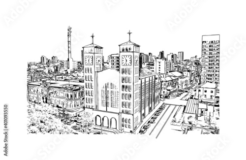 Building view with landmark of Cuiaba is the city in Brazil. Hand drawn sketch illustration in vector.