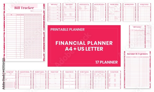 Beauty Pink Financial planner Bill,Debt,Payoff,Log,monthly,weekly,budget,Saving,Income,Expenses,Account, Credit Card,Goal,Calendar,pages templates collection set of vector A4 and US Letter Ai, EPS 10