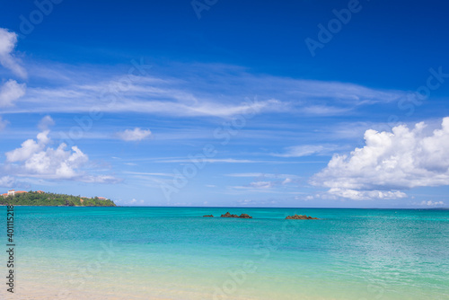 A panoramic view from Kouki beach on Busena cape and Nago lagoon on tropical Okinawa island in Japan