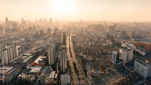 Sunset cityscapes of the skyline in Shanghai, China