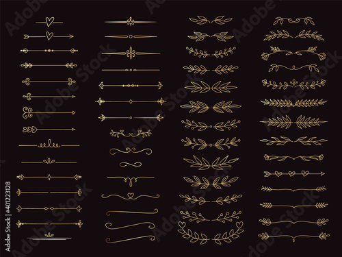 Cute Hand drawn gold flower ornament text dividers, arrows and laurel design elements. vector illustration set isolated on black background
