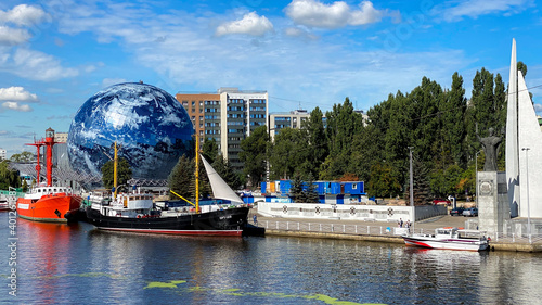 KALININGRAD, RUSSIA. The Pregolya River with an exposition of the Museum of the World Ocean on the shore