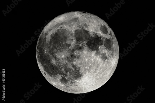 Detailed shot of the full Moon at shot at 1600mm focal length, high contrast