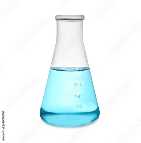 Conical flask with light blue liquid isolated on white