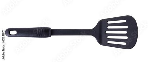 Black plastic kitchen spatula isolated on white background