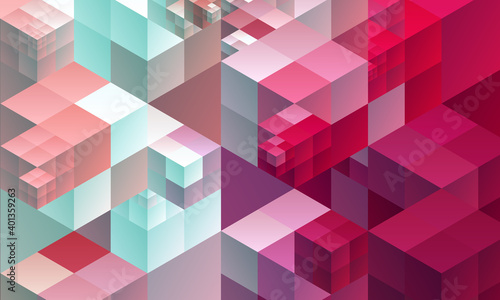 Geometric vector red and blue cube block graphic template on light pink and blue color space background