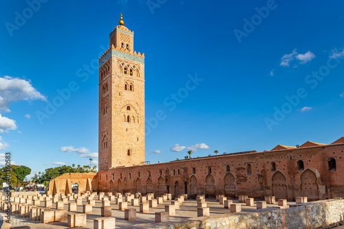 Koutoubia Mosque minaret in medina quarter of Marrakesh, Morocco