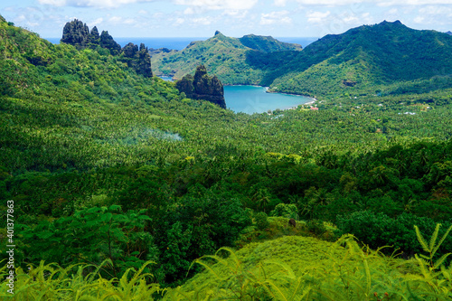 French Polynesia, Marquesas, Nuku Hiva Island. Beautiful view on the Hathieu Bay.