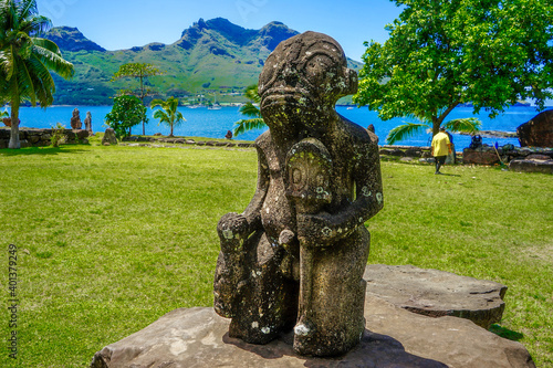 French Polynesia, Marquesas, Nuku Hiva island, Tiki statue on ritual places