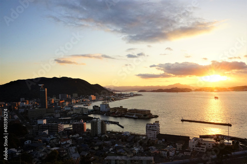 View of Moji retro town and sea from above with sunset in Shimonoseki, Fukuoka, Kitakyushu, Japan - 門司港レトロ 夕日の景色