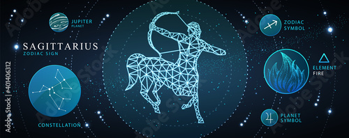 Modern magic witchcraft card with astrology Sagittarius zodiac sign. Polygonal centaur with Bow and arrow. Zodiac characteristic