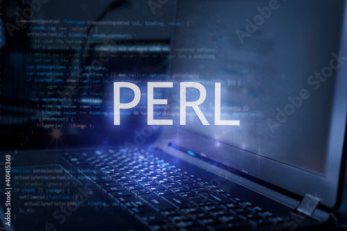 Perl inscription against laptop and code background. Learn perl programming language, computer courses, training.