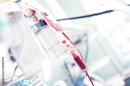 Blood bag during blood transfusion in the hospital