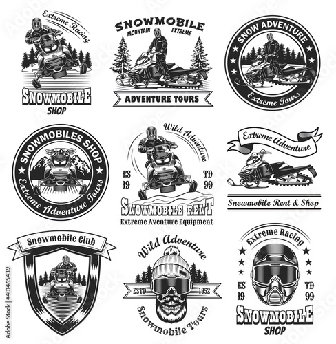Vintage badges for snowmobile shop vector illustration set. Monochrome labels with skull and person on snowmobile. Extreme and winter sport concept can be used for retro template