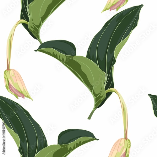 Tropical leaves on bright mood. Seamless design with amazing palant with Medinilla flowers. Fashion, interior, wrapping, packaging suitable. Realistic branch on white background.