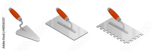 Set of isometric vector illustrations bricklayer and stucco trowels isolated on white background. Cement trowel, plastering trowel colorful vector icons in flat cartoon style. Construction tool.