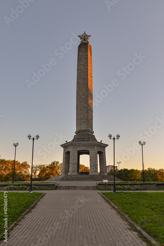 Obelisk of Glory on the rampart of Velikolukskaya fortress in Velikiye Luki, Pskov region, Russia