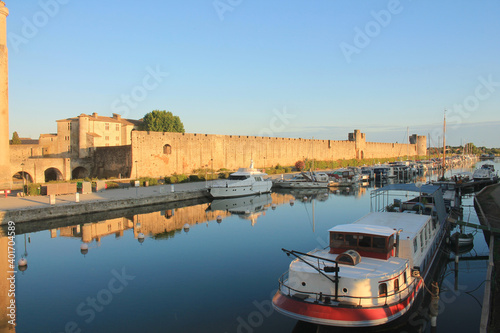 Medieval city of Aigues mortes, a resort on the coast of Occitanie region, Camargue, France 