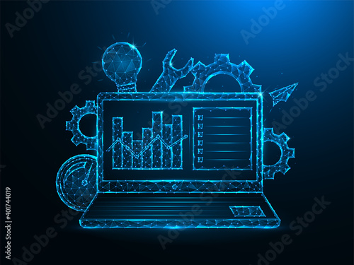 SEO optimization low poly art. Laptop, gears, light bulb, speedometer, repair and analytics polygonal vector illustration on a blue background.