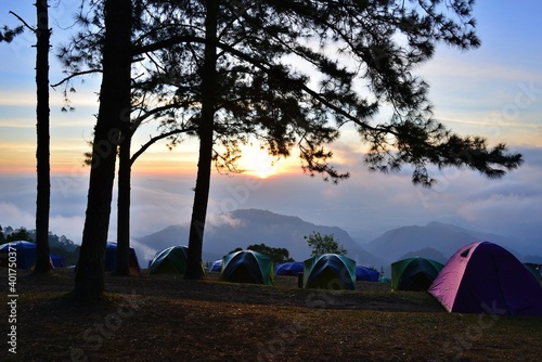 Camping area with misty morning background at the Doi Ang Khang, ChiangMai Thailand. 