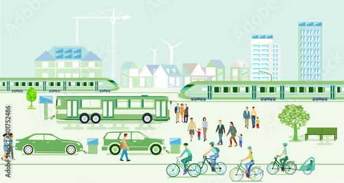 Ökologische Stadt mit Elektro-Fahrzeugen und Schnellzug