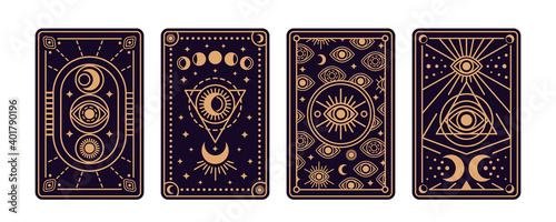 Magical tarot cards deck set. Spiritual moon and celestial eye symbols. Vector illustration. Astrology or sacred geometry poster design. Magic occult pattern, esoteric boho style.