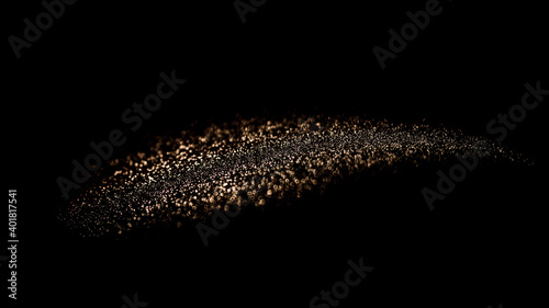 Brush stroke of golden dust in air on black background