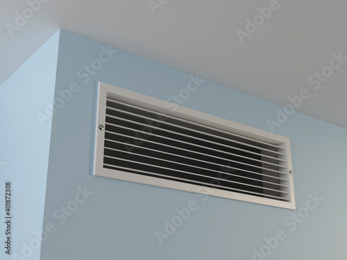 White ventilation grille and blue wall, 3d illustration