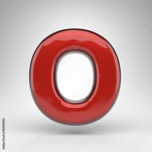 Letter O uppercase on white background. Red car paint 3D letter with glossy metallic surface.