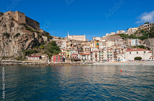 View of the village from the sea with the castle of Ruffo di Calabria, Scilla, district of Reggio Calabria, Calabria, Italy, Europe