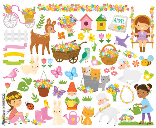 Clipart set for spring. Cute cartoon springtime items such as flowers, kids, gardening tools and animals.
