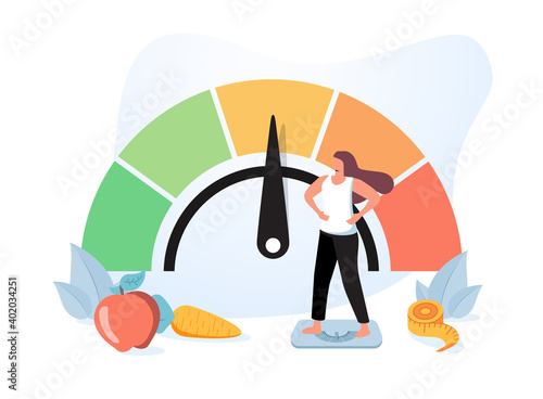 Woman and obese chart scales isolated flat vector illustration. Cartoon person on diet trying weight control with BMI.