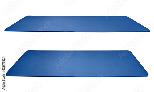 Blue rolled out yoga mat isolated on white background with clipping path