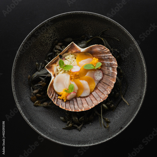 A top view of delicious Coquille Saint-Jacques, in a dark plate