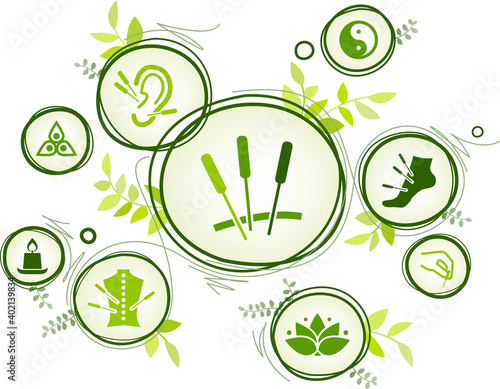 acupuncture vector illustration. Green concept with icons related to traditional Chinese medicine, acupuncture treatment, nature, healing and harmony.