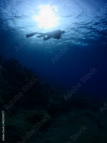 silhouette scuba diver sun beam shine rays underwater lady woman diver relaxing blue ocean scenery of somebody