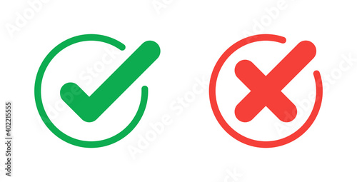 Green check mark and red cross icon.Set of simple icons in flat style: Yes/No, Approved/Disapproved, Accepted/Rejected, Right/Wrong, Correct/False, Green/Red, Ok/Not Ok. Vector illustration