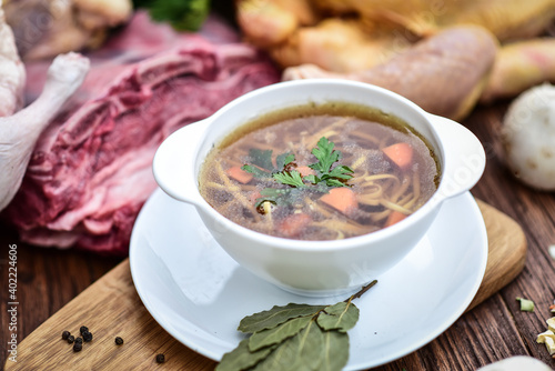 Slow-boiled broth based on several types of meat and aromatic vegetables.