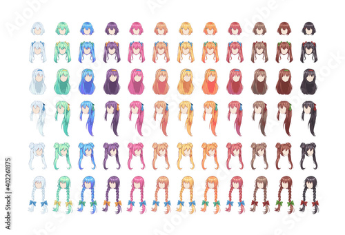 Anime manga multicolored hairstyles. Isolated hair set