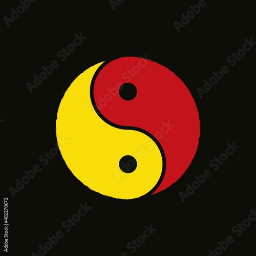 Yellow and red illustration on a black background. Vector illustration for logo, emblem, print, sign, symbol. Yin yang symbol.