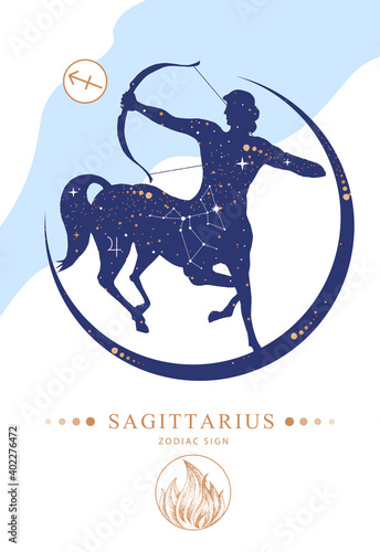 Modern magic witchcraft card with astrology Sagittarius zodiac sign. Silhouette of centaur with Bow and arrow. Zodiac characteristic