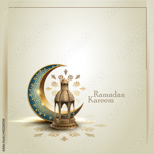 islamic greetings ramadan kareem card design with lanterns and crescent