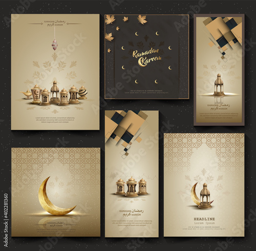 set of islamic greeetings ramadan kareem cards design with lanterns and crescent