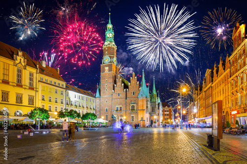 New Years firework display over the Wrocław old town. Poland